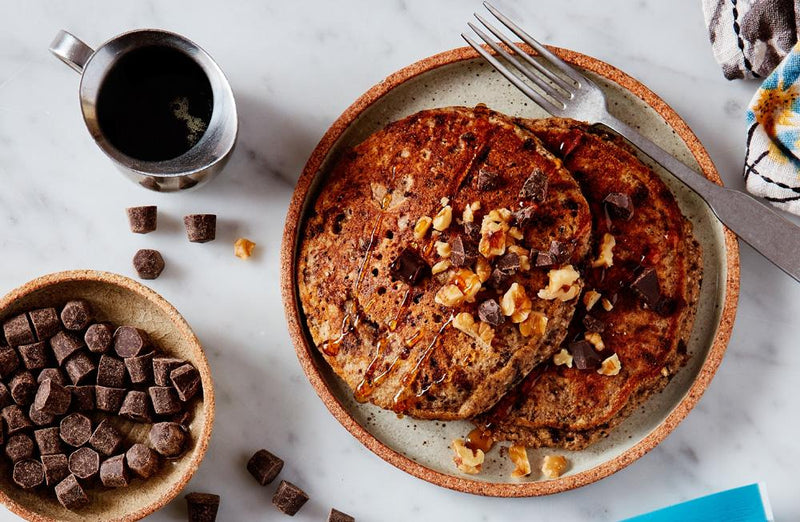 PALEO HU DARK CHOCOLATE PANCAKES WITH CHOCOLATE MAPLE SYRUP